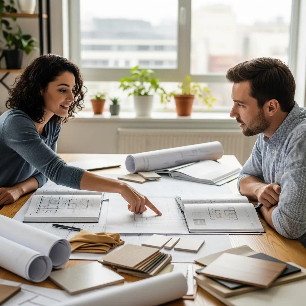Pair reviewing plans and options together at a kitchen table