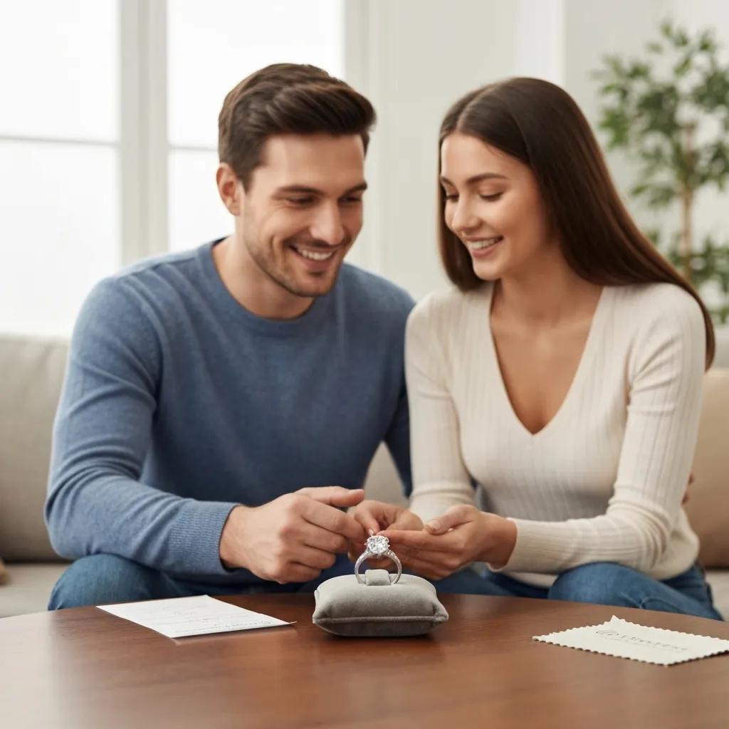 Couple discussing engagement ring warranty, highlighting customer support and satisfaction