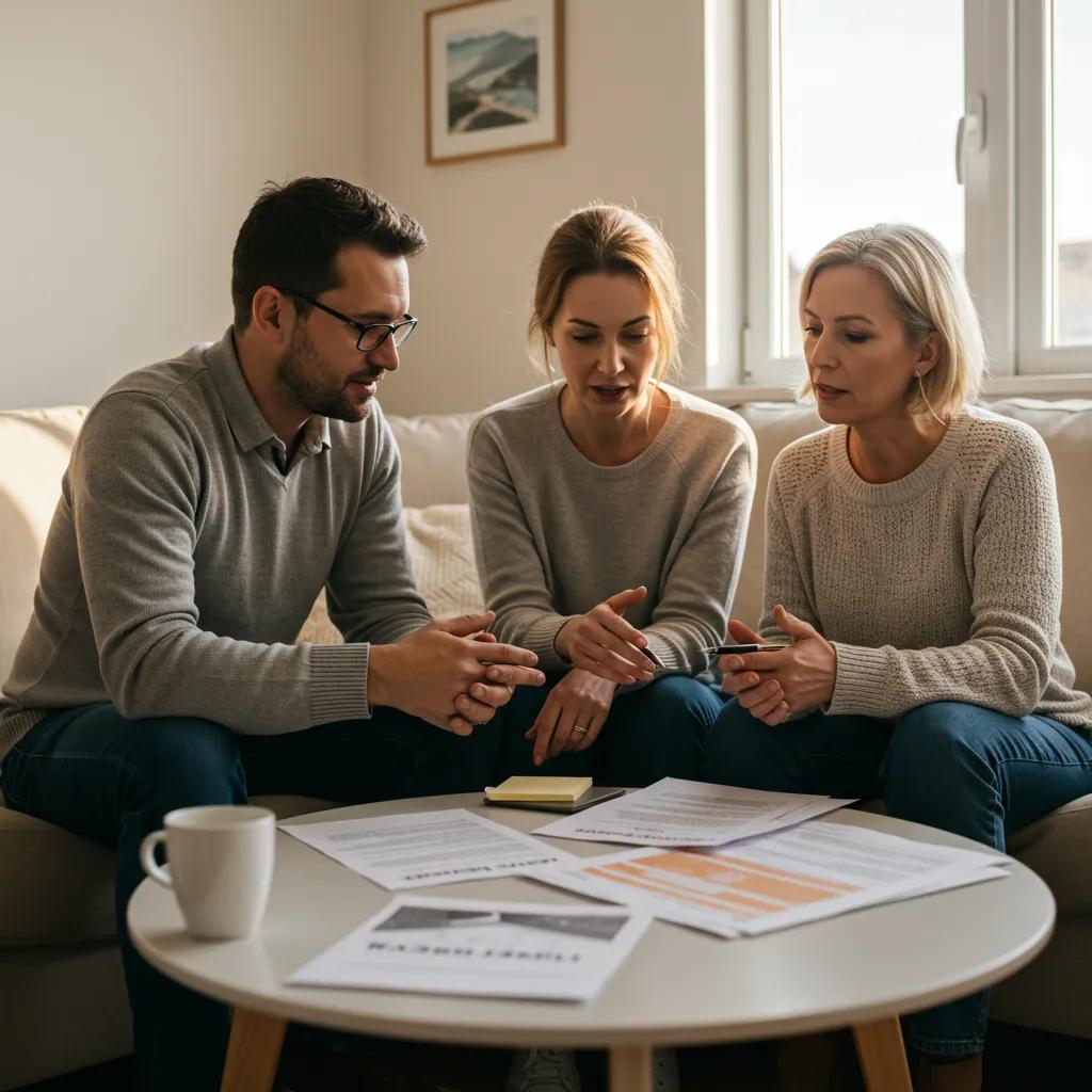 Couple discussing home evaluation in a cozy living room with documents and a laptop