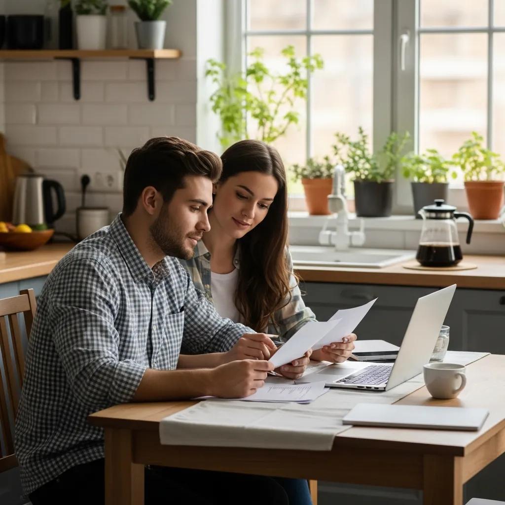 Couple discussing home financing options in a cozy kitchen setting