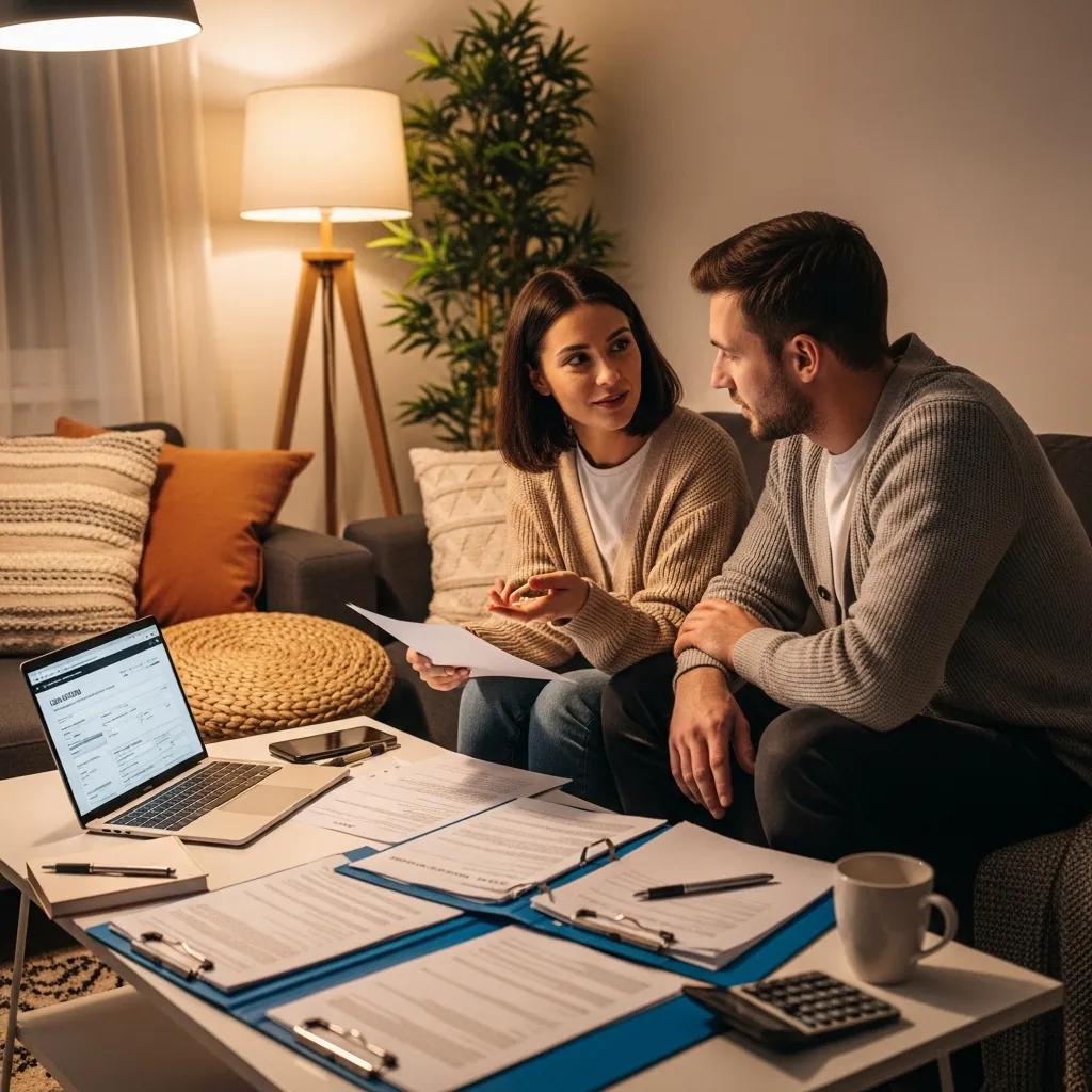 Couple discussing loan application at home, emphasizing communication and safety in financial decisions