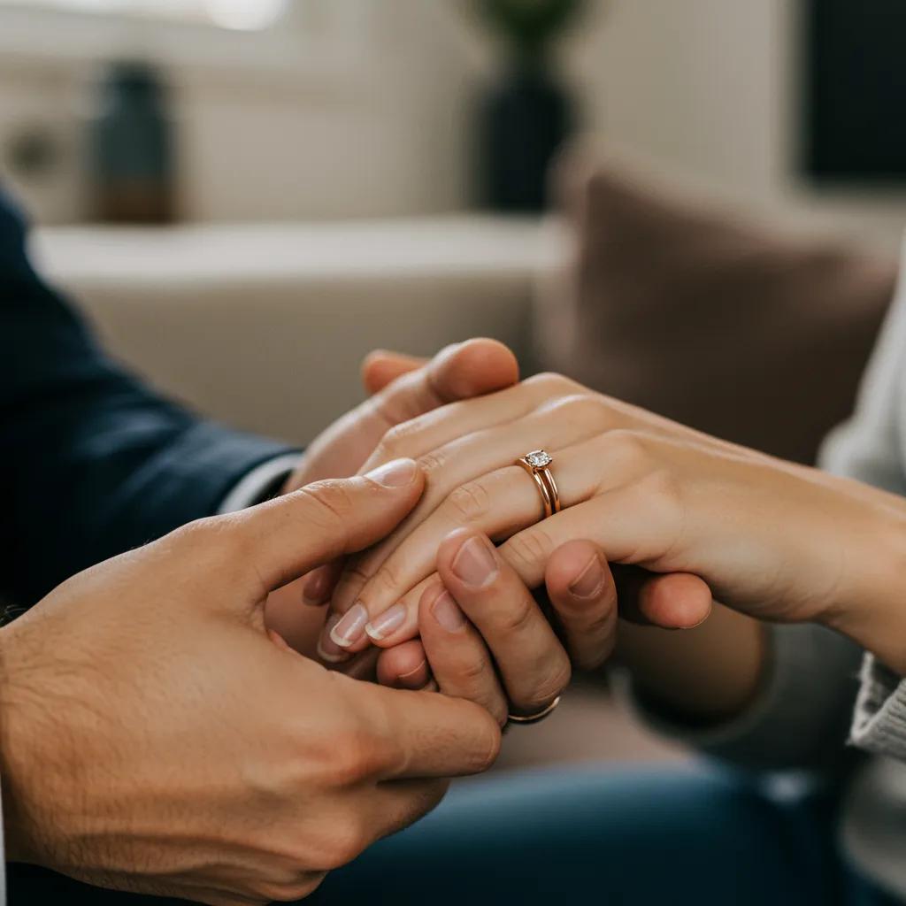 Couple discussing their spouse visa application process in a cozy home setting