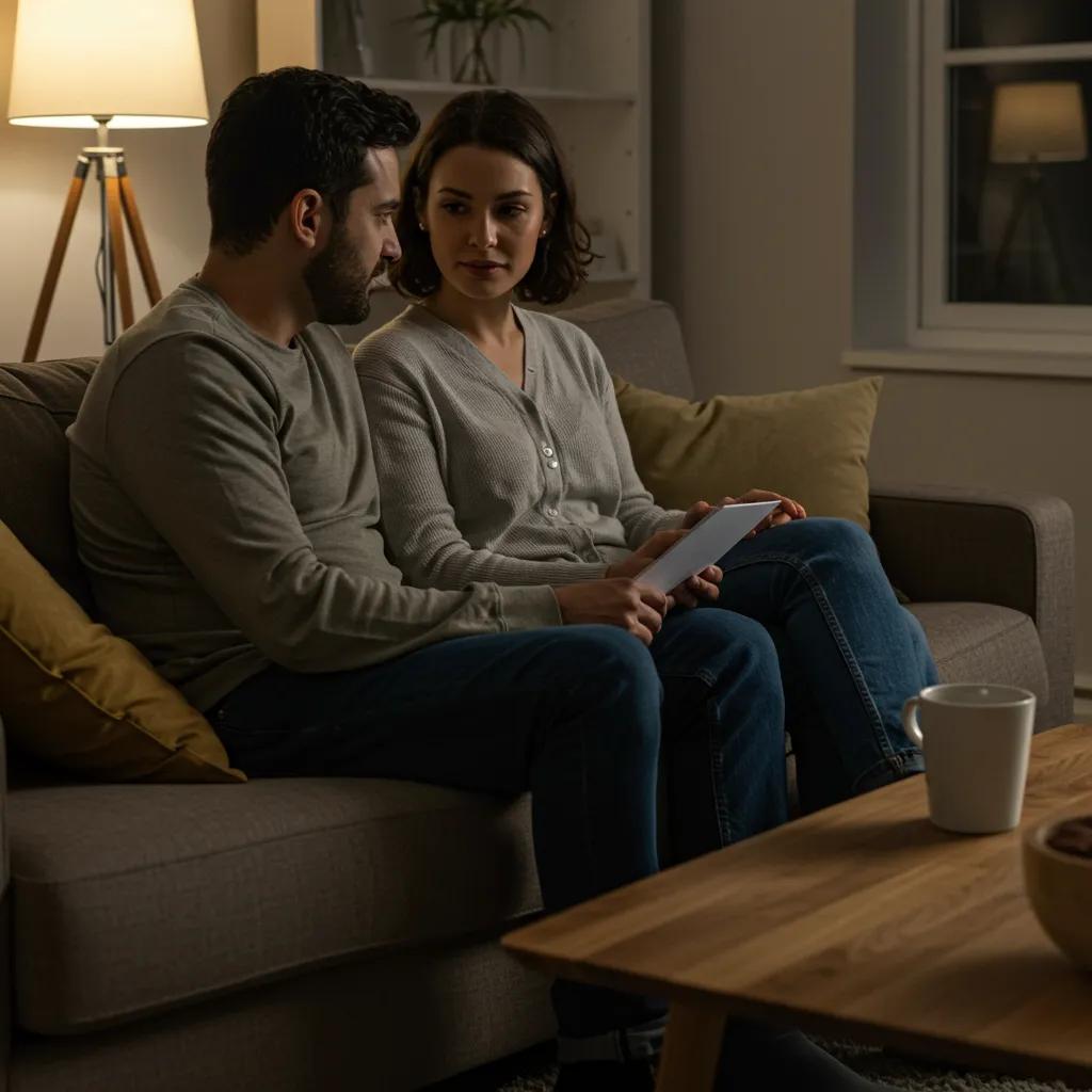 Couple engaged in deep conversation on a cozy couch, symbolizing effective communication and emotional intimacy