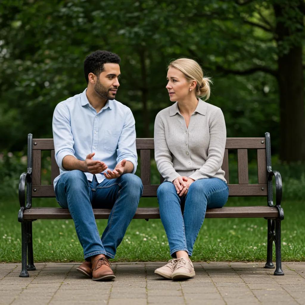 Couple in a park discussing feelings, illustrating the improvement of relationships through effective apologies Couple in a park discussing feelings, illustrating the improvement of relationships through effective apologies