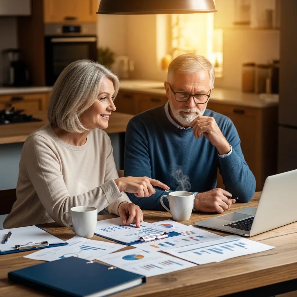 Couple planning retirement at a kitchen table with financial documents and a laptop