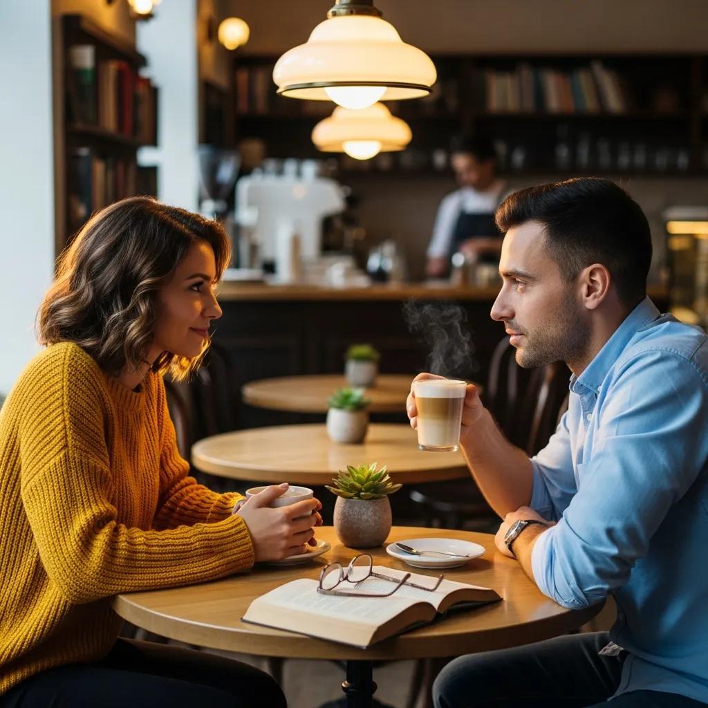 Couple practicing open dialogue in a cozy café setting