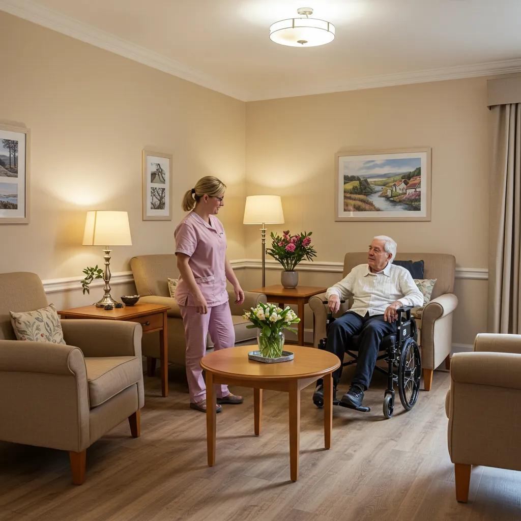Warm and inviting Alzheimer's care home setting with a caregiver and resident sharing a moment