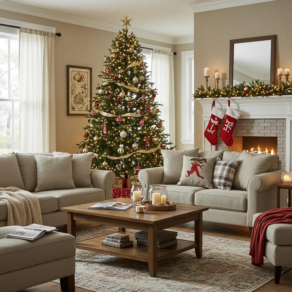 Cozy Christmas living room with comfortable seating and decorated tree