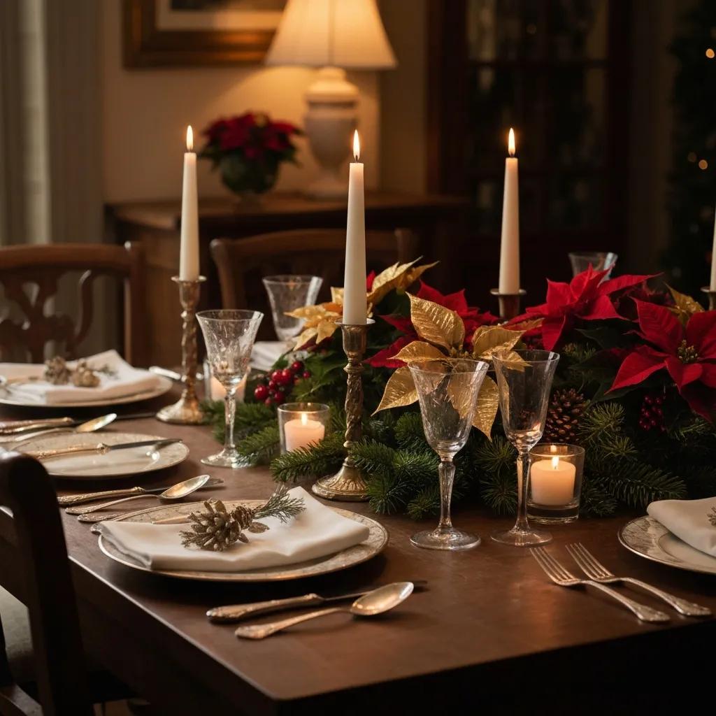 An intimate holiday table with warm lighting, simple greenery, and seasonal place settings An intimate holiday table with warm lighting, simple greenery, and seasonal place settings