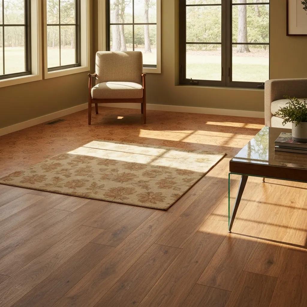 A warm living room fitted with low‑VOC flooring options such as natural linoleum and cork