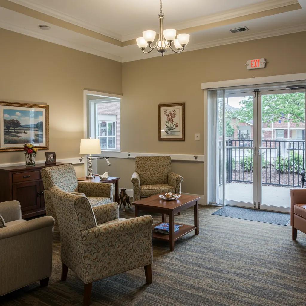 Cozy home-like environment in a memory care facility with residents interacting Cozy home-like environment in a memory care facility with residents interacting