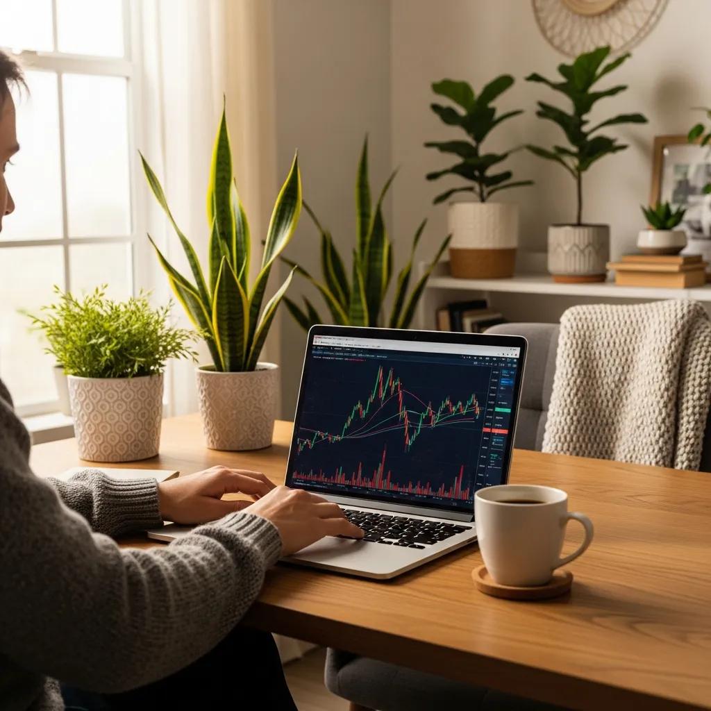 Cozy home office with a person using a laptop for forex copy trading