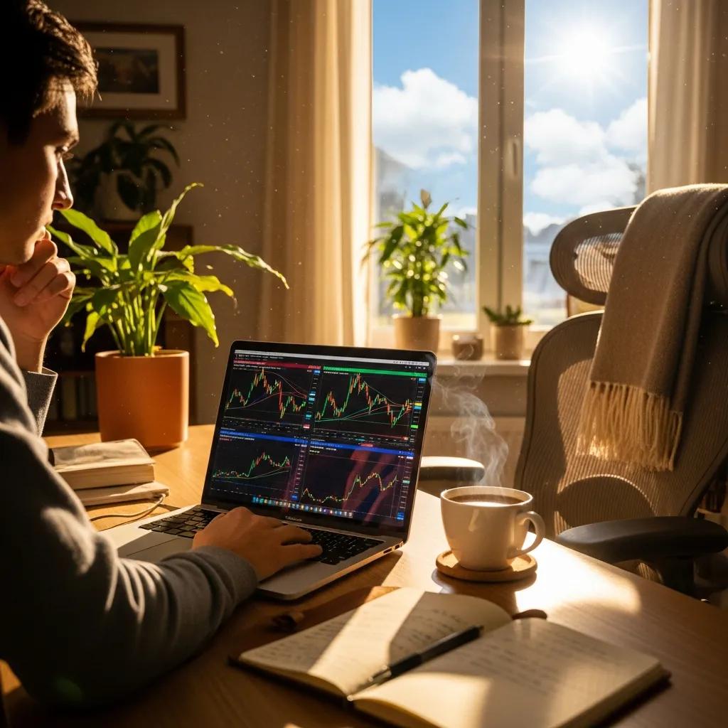 Trader in a cozy home office reviewing forex charts with a focus on swing trading