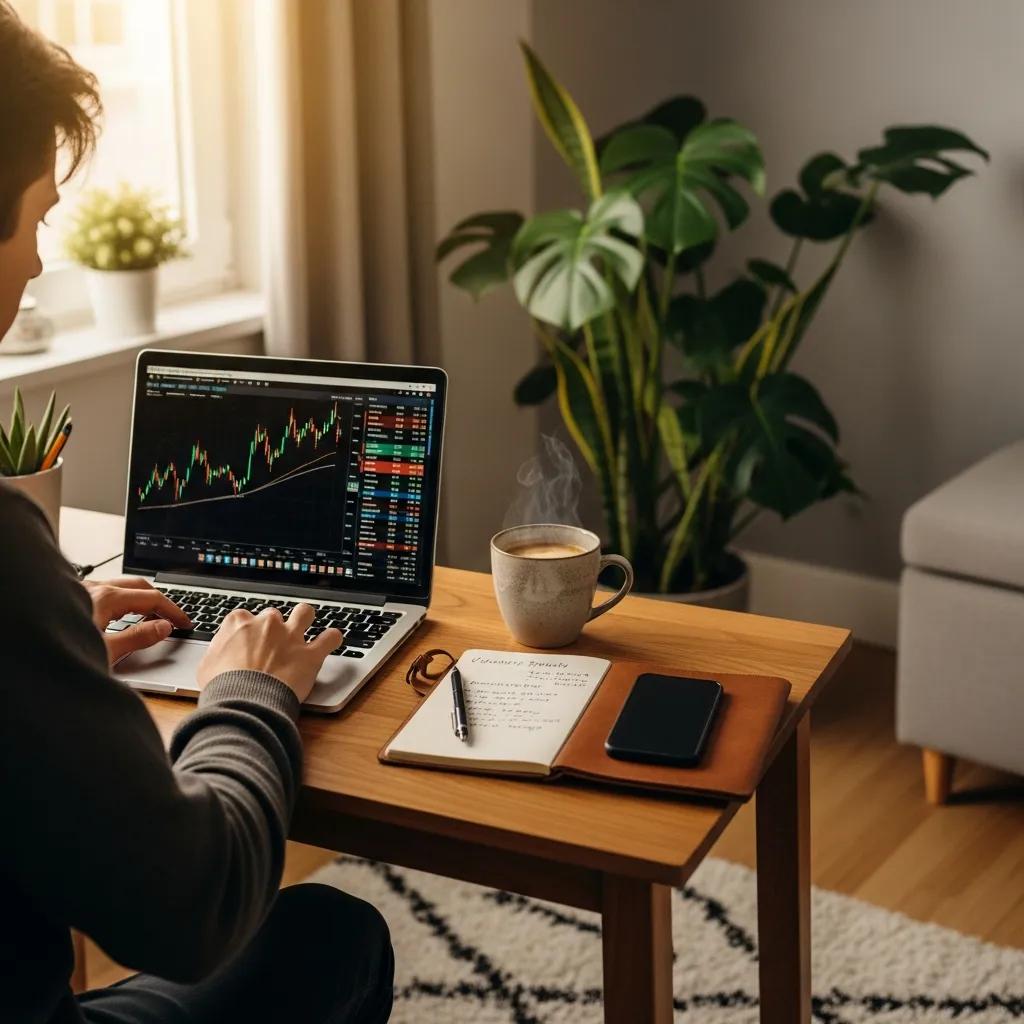 Cozy home office with a trader working on a laptop, symbolizing passive income through Wisuno Earn+