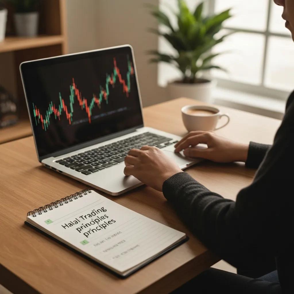 Cozy home setting with a person trading forex, emphasizing halal trading principles