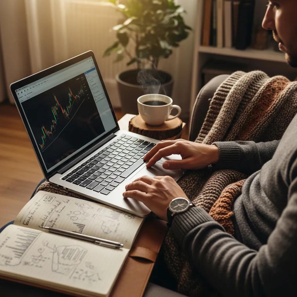 Home workspace with a trader reviewing forex signals on a laptop