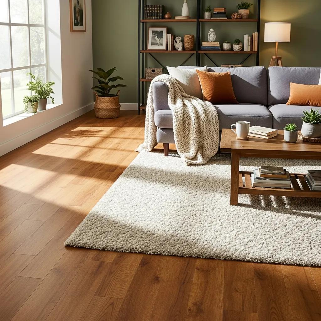 Warm living room showing a mix of popular flooring styles