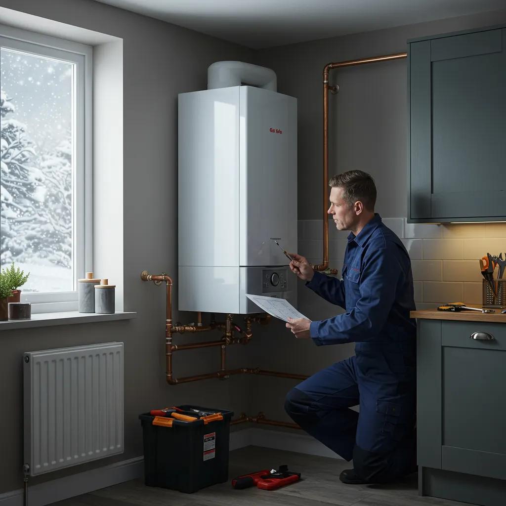 Gas Safe engineer inspecting a boiler during a professional winter service