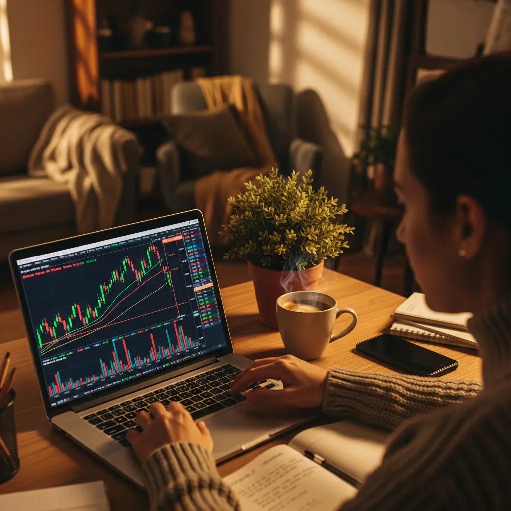 Cozy workspace with a trader using technical analysis tools on a laptop