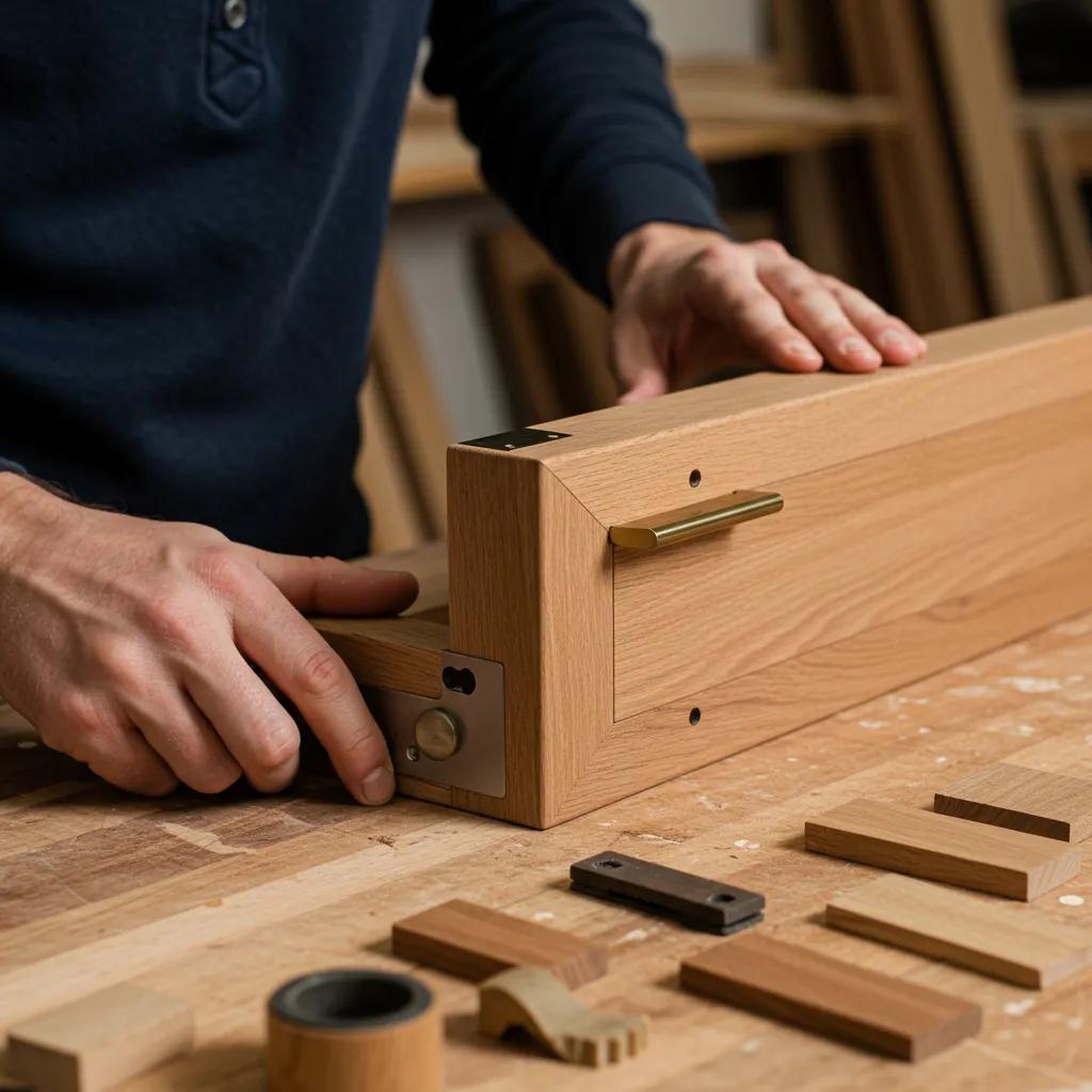 Craftsman customizing wooden furniture with various options visible