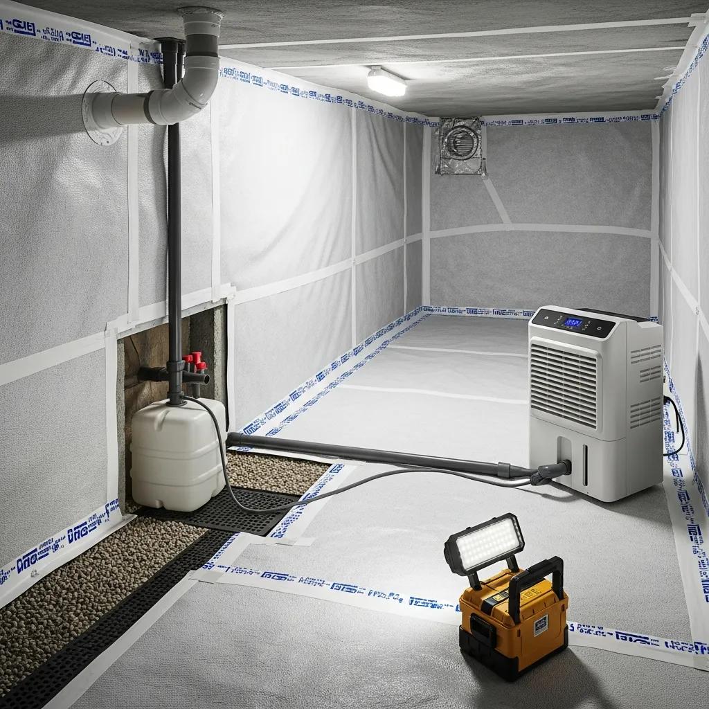 Crawl space encapsulation with vapor barrier, dehumidifier, and drainage channel installed