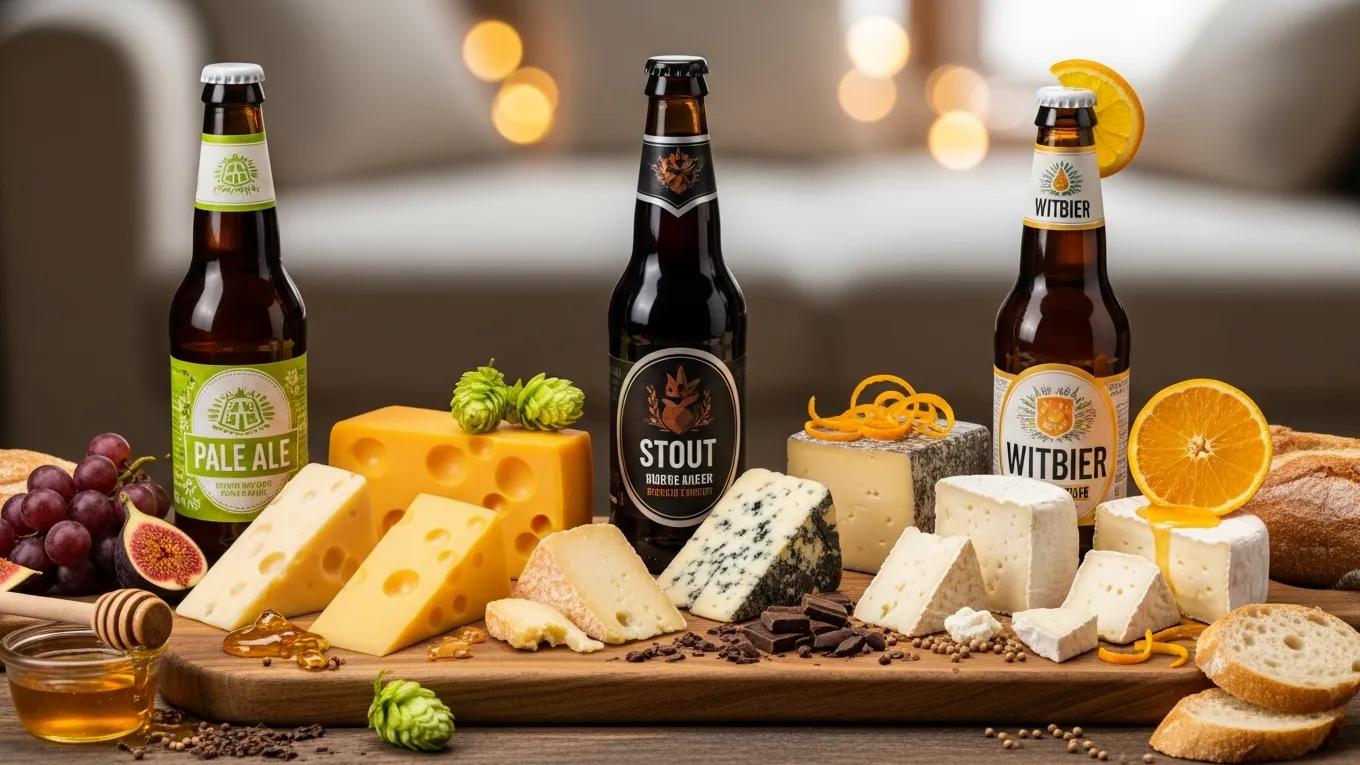 Creative cheese selection with different beers showcasing ideal pairings