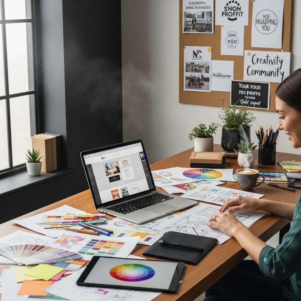 Creative workspace with a designer working on web design projects, emphasizing premium services for small businesses