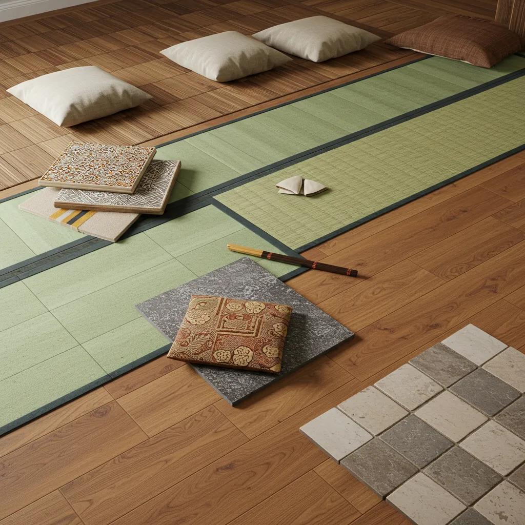 Examples of regional flooring styles: pale oak, tatami, patterned ceramic