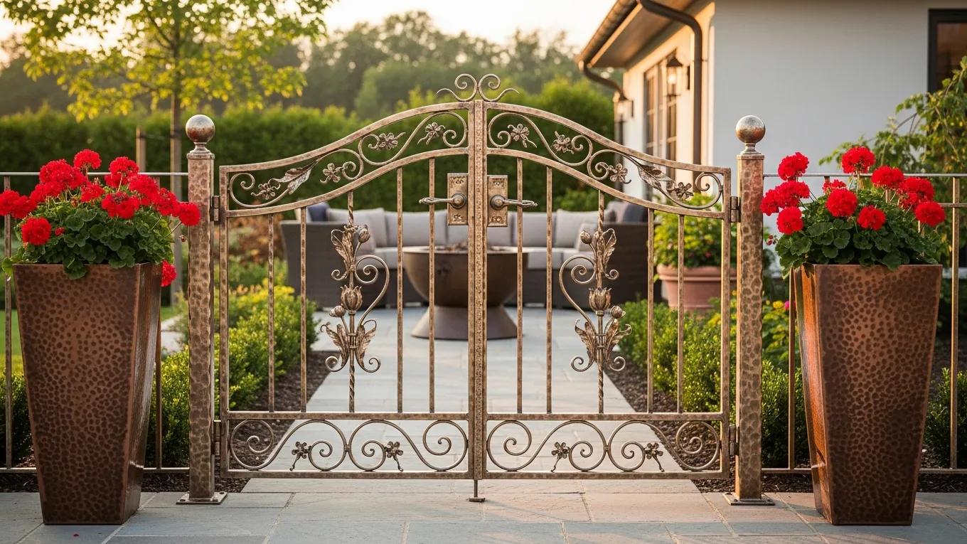 Custom metal gate with intricate floral design, surrounded by vibrant red geraniums in decorative planters, leading to a stylish outdoor seating area.