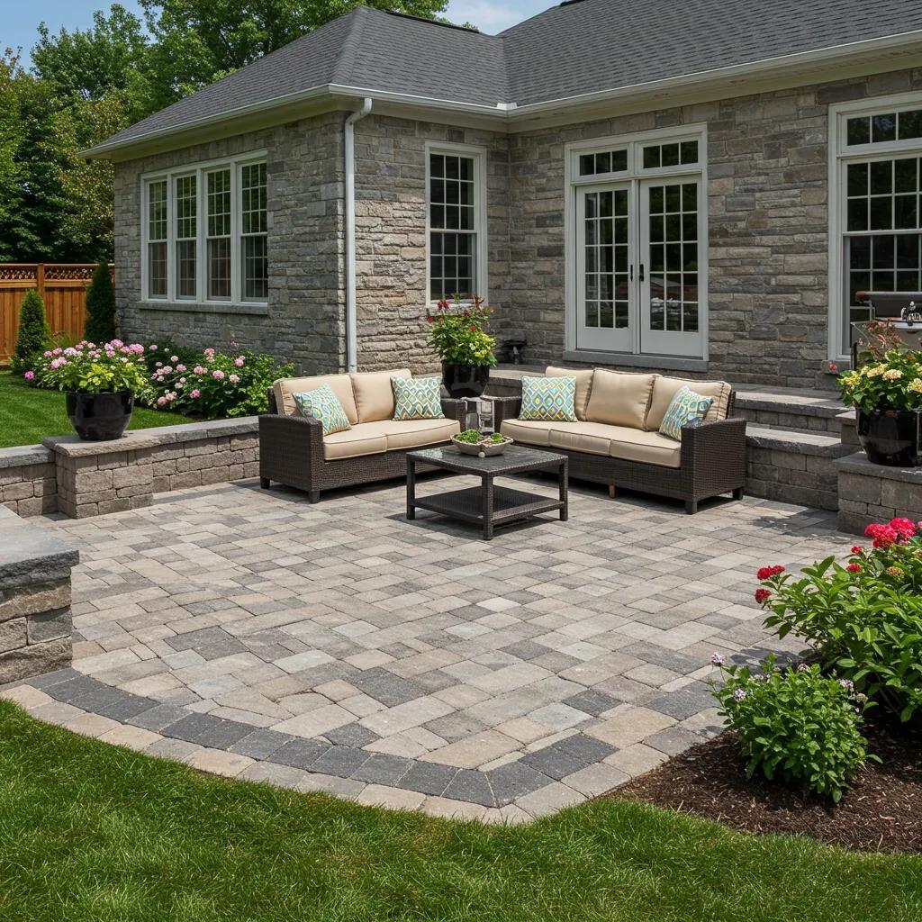 Beautiful custom patio installation in Oakfield WI, showcasing interlocking pavers, natural stone, and inviting outdoor furniture.
