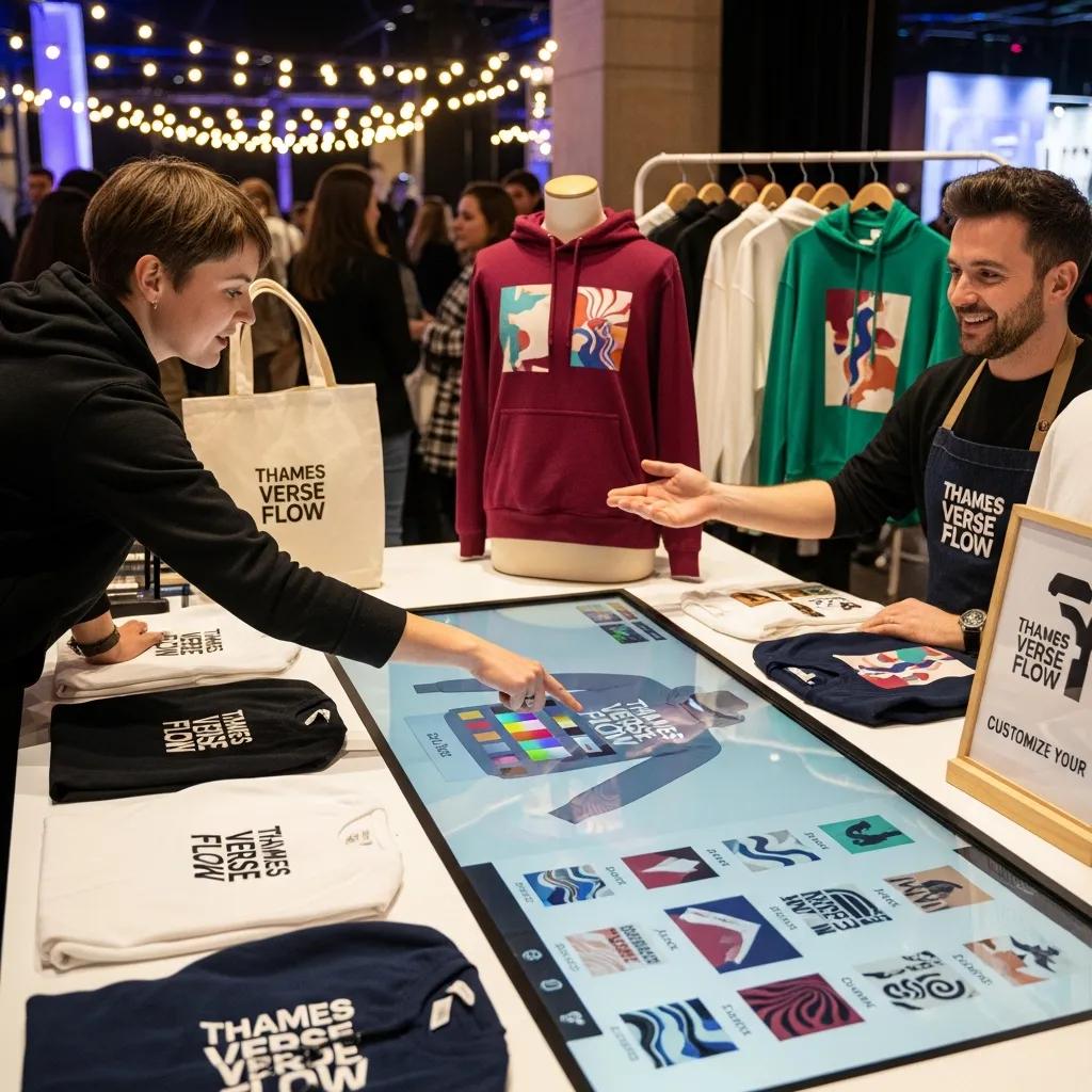 Customer customizing Thames Verse Flow apparel at a pop-up event, showcasing personalization options