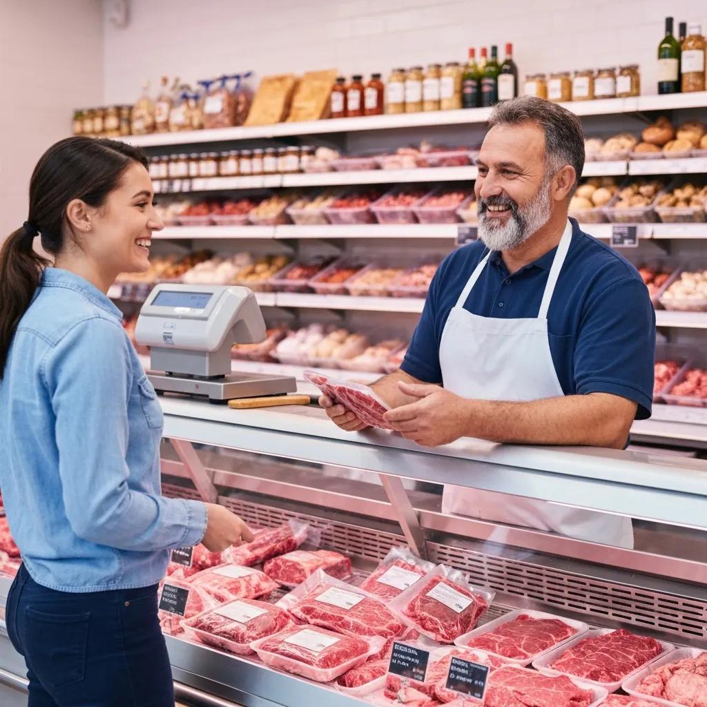 Customer discussing beef cut options with a friendly butcher