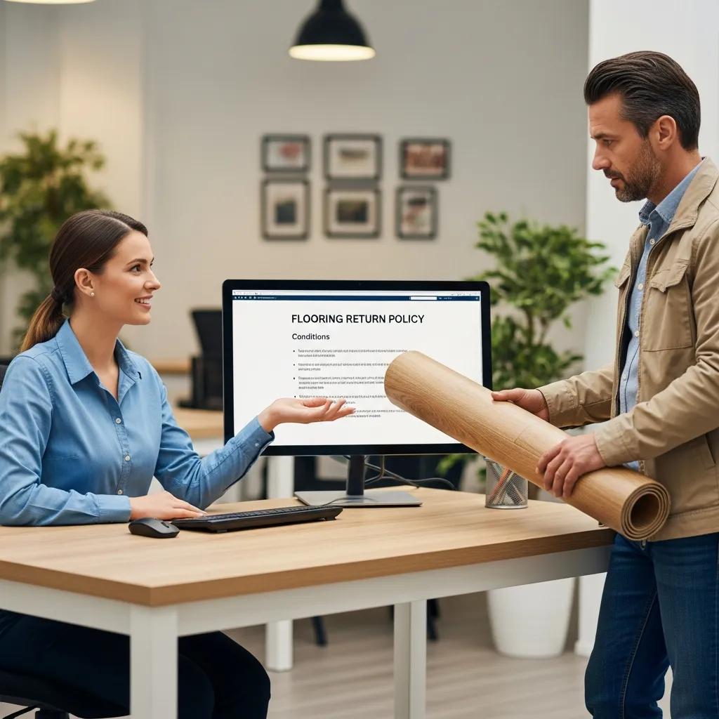 Customer service advisor discussing flooring return policies with a homeowner, emphasising clear support