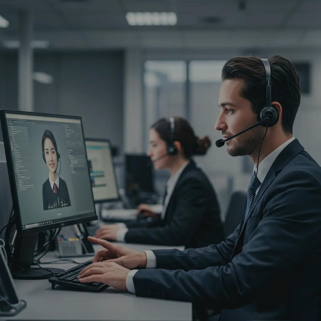 Customer service representative utilizing voice AI technology in a call center Customer service representative utilizing voice AI technology in a call center