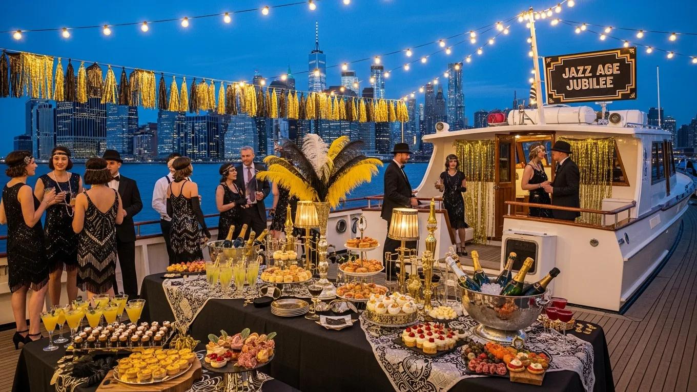Customized party boat setup with decorations and refreshments