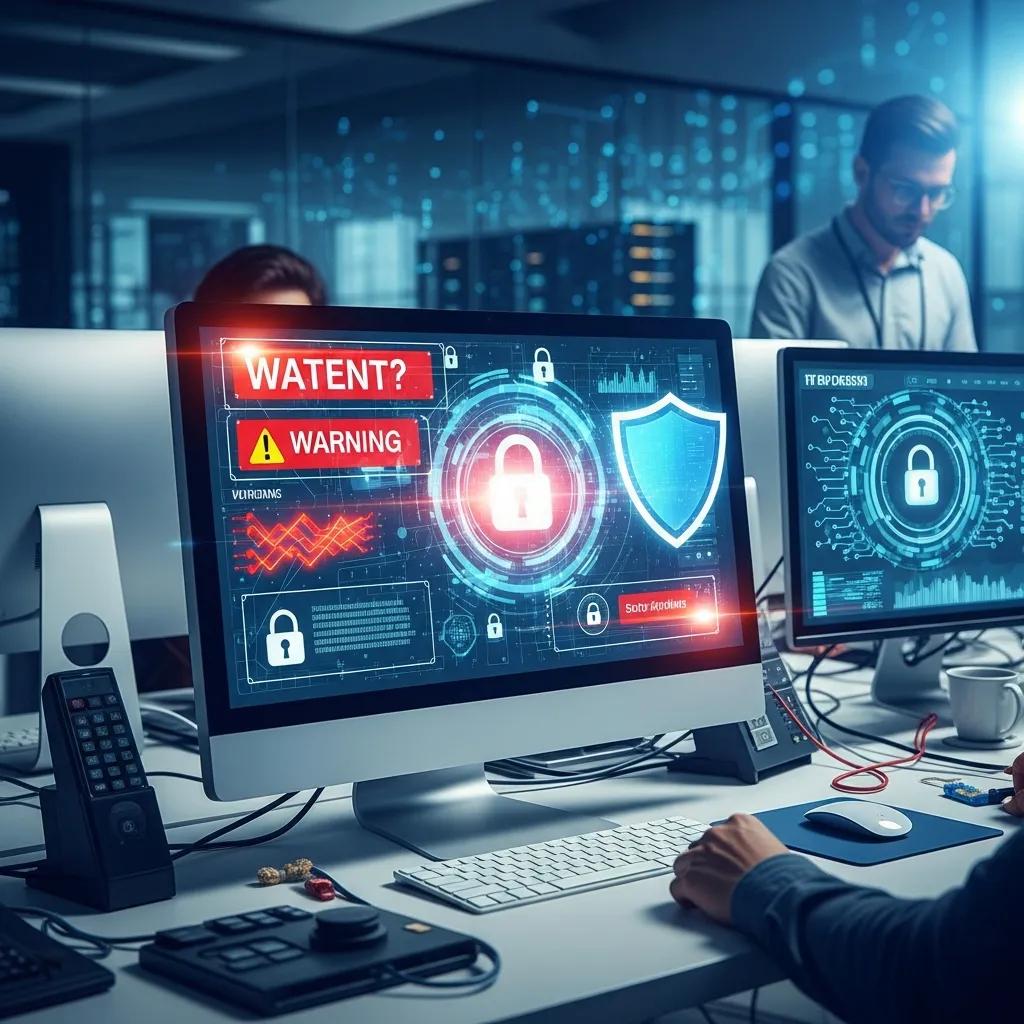Cybersecurity elements in an IT helpdesk setting, showcasing protective measures and technology