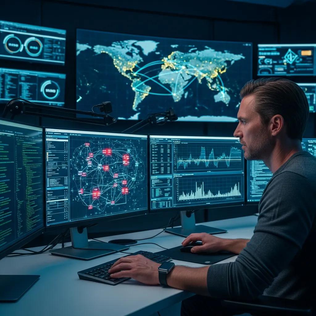 managed IT Service Provider expert analyzing data in a high-tech control room