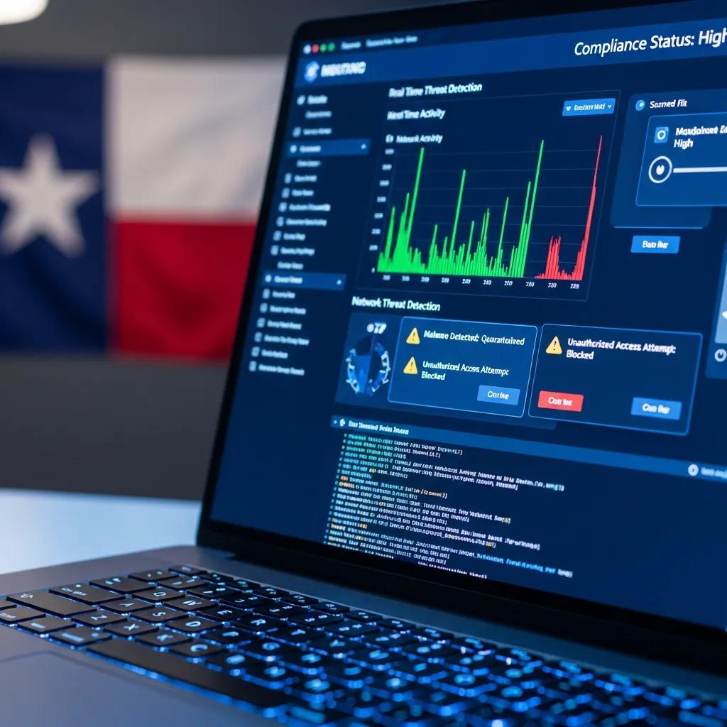 Cybersecurity dashboard with Texas flag overlay