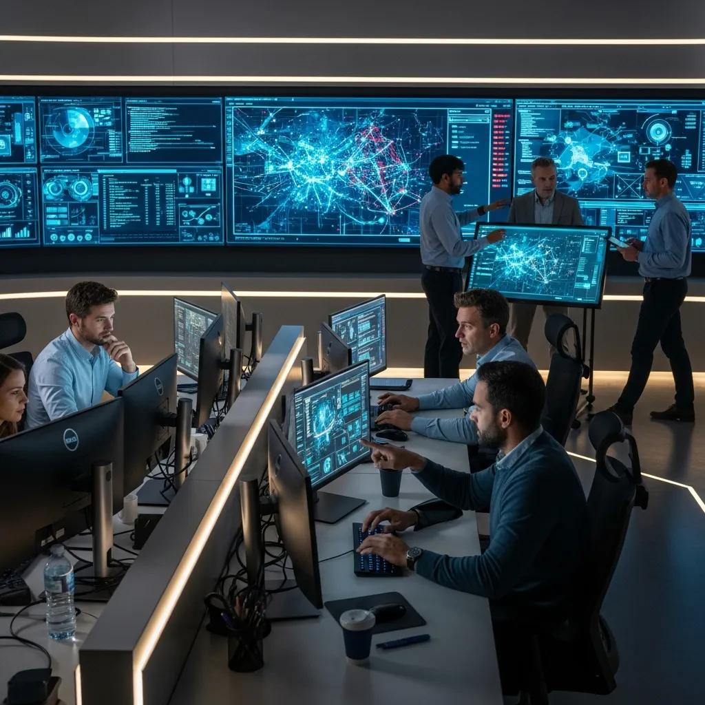 Cybersecurity team collaborating in a high-tech control room
