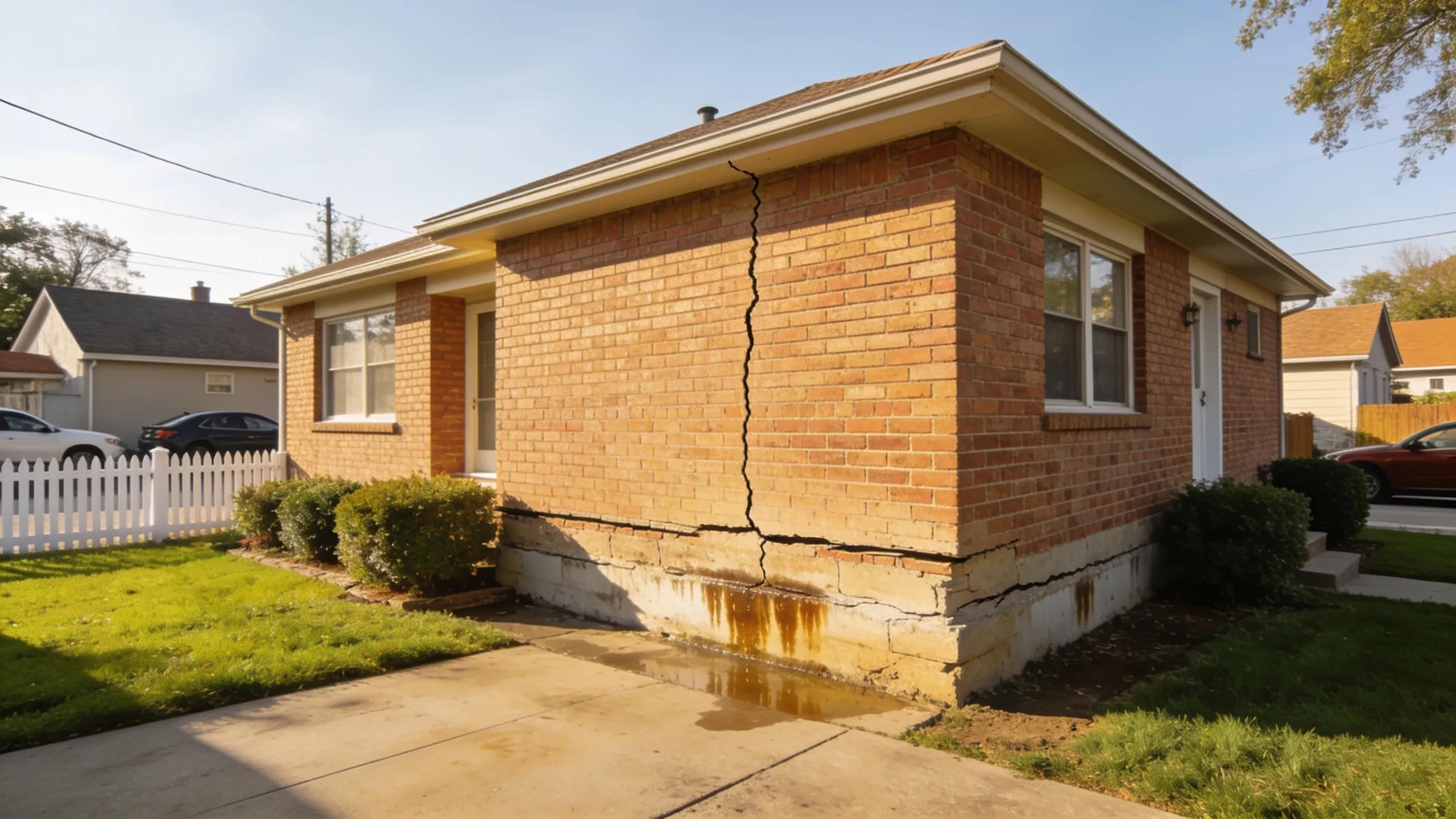 Residential home displaying visible foundation issues with cracks and water stains, highlighting the importance of early detection.