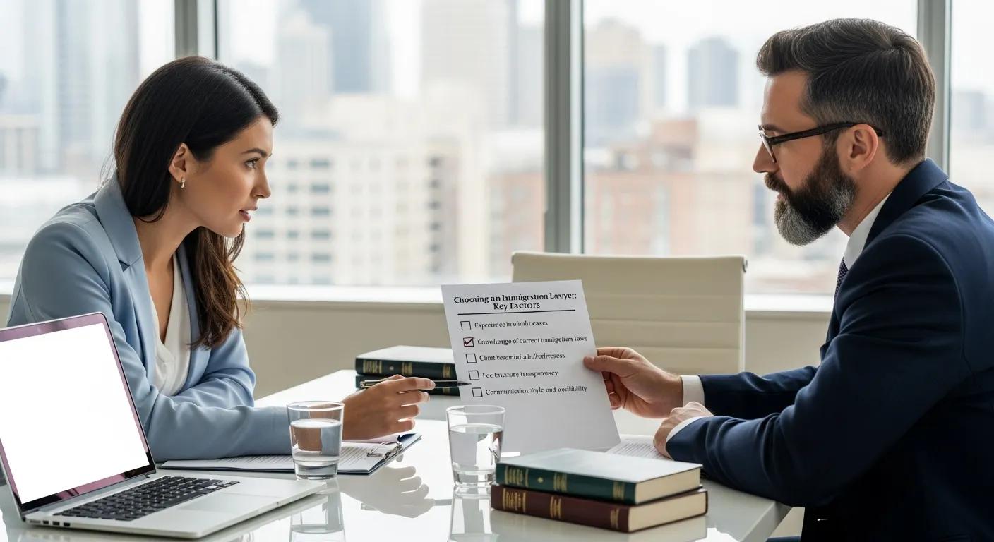 Client and lawyer reviewing a checklist of factors for choosing an immigration lawyer