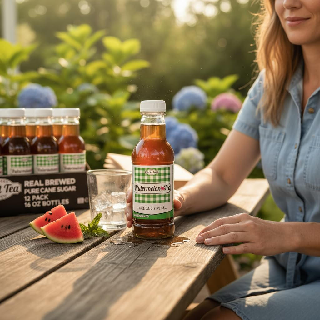 Woman holding watermelon tea bottle near sliced watermelon