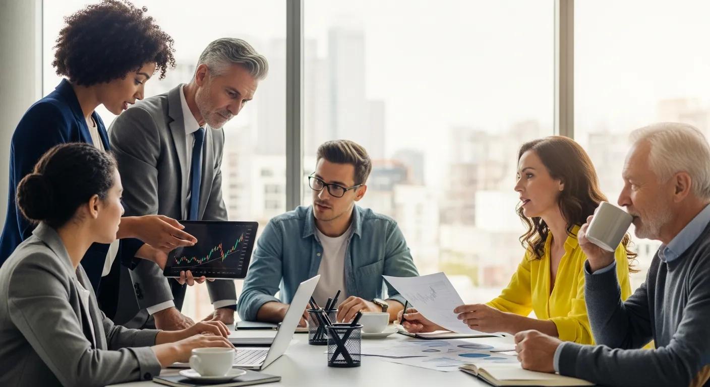 Diverse group of investors discussing strategies for generating passive income