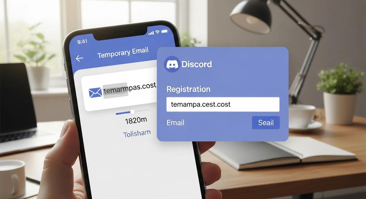 Smartphone displaying a temporary email app in a modern workspace, highlighting privacy in Discord registration