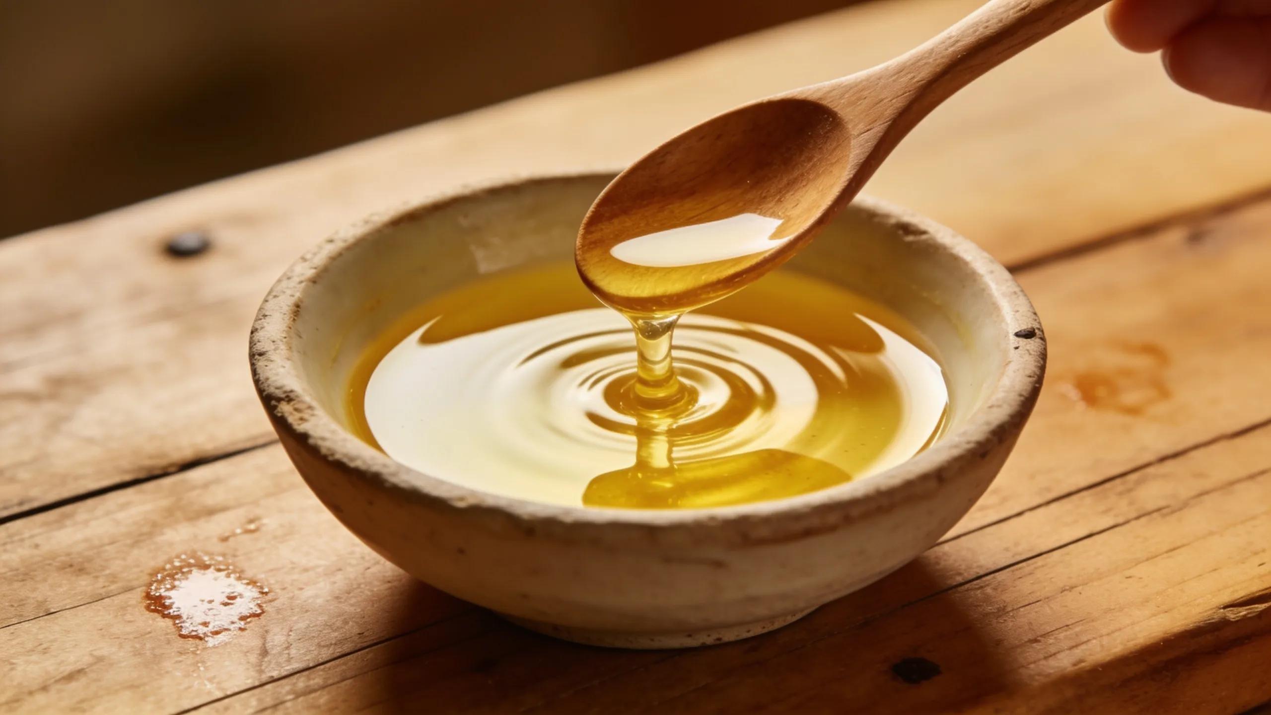 Mixing sandalwood and jojoba oil in a bowl, highlighting natural acne remedies.