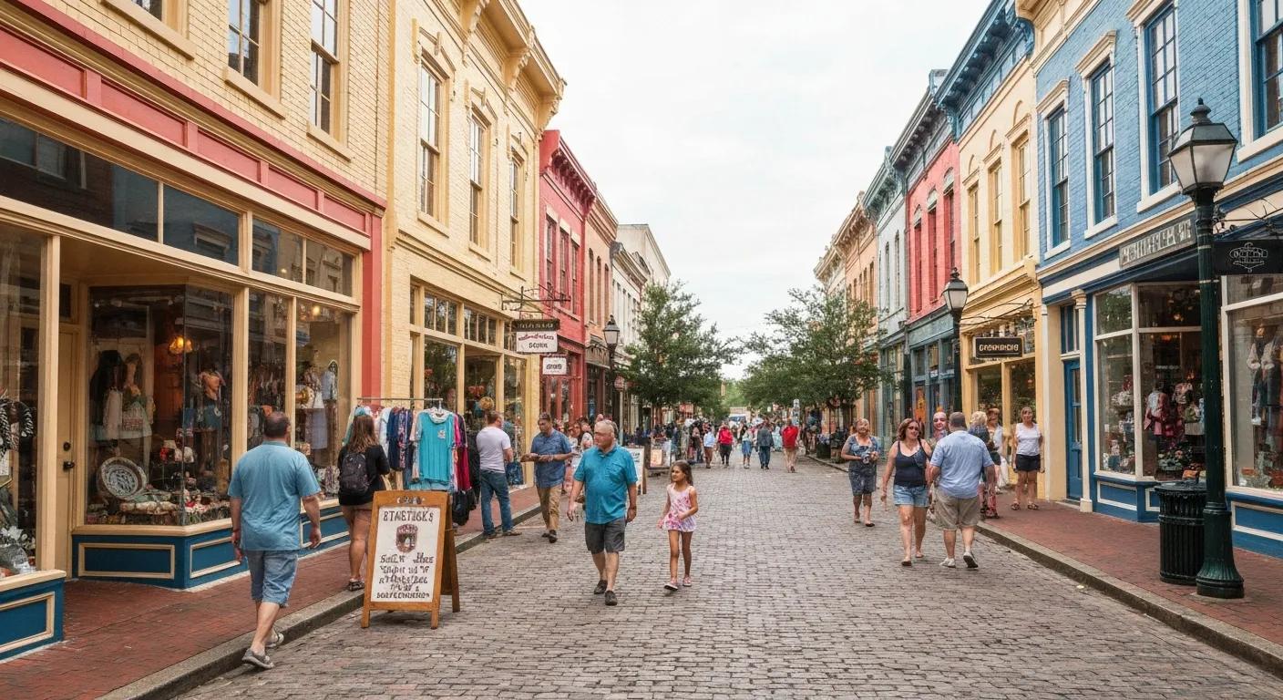 Historic Downtown Fayetteville bustling with colorful shops and happy pedestrians, showcasing the town's vibrant culture and welcoming community spirit Historic Downtown Fayetteville bustling with colorful shops and happy pedestrians, showcasing the town's vibrant culture and welcoming community spirit