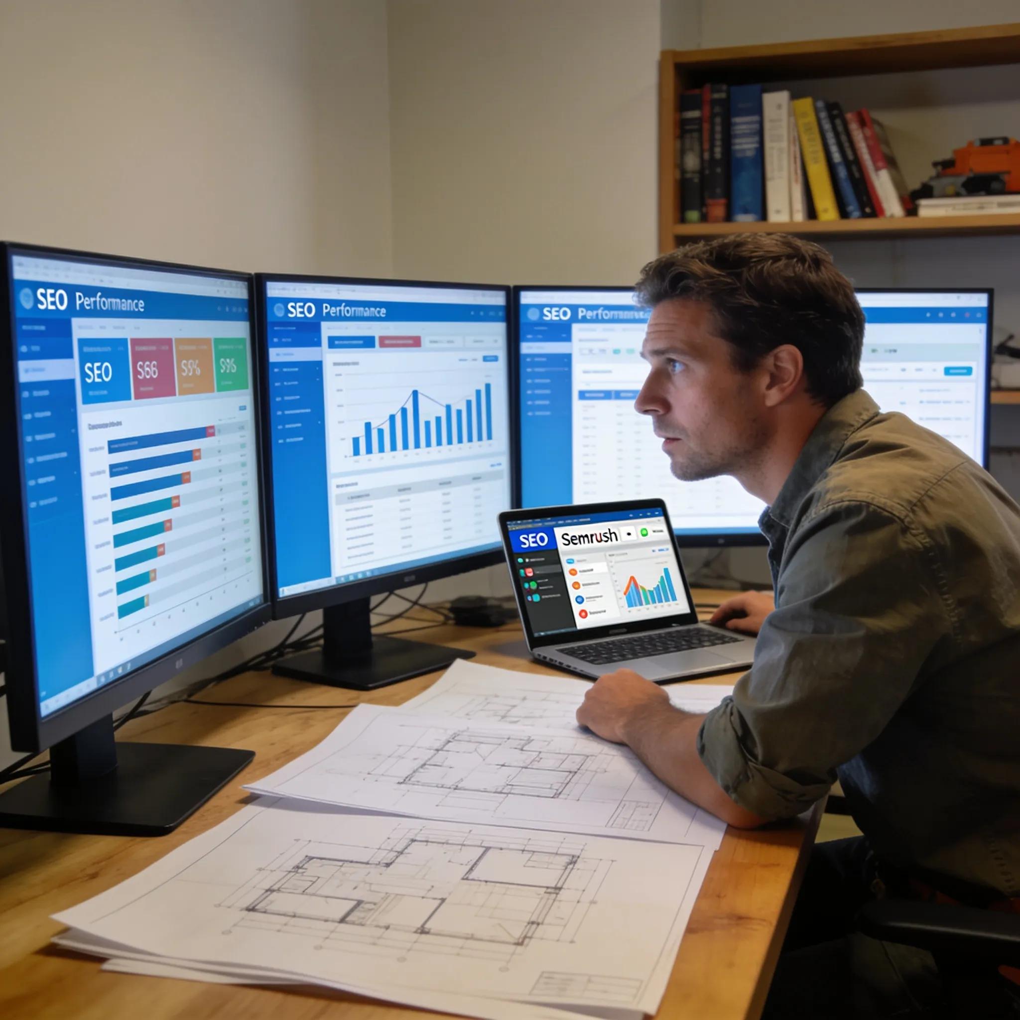 Contractor analyzing SEO performance data on multiple screens at a workspace