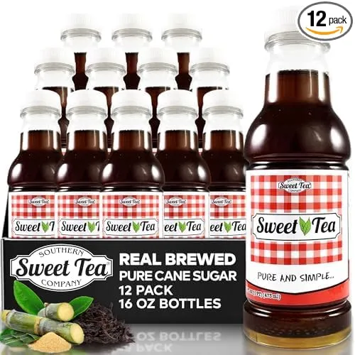 Southern Sweet Tea bottles arranged in a 12-pack display with cane sugar