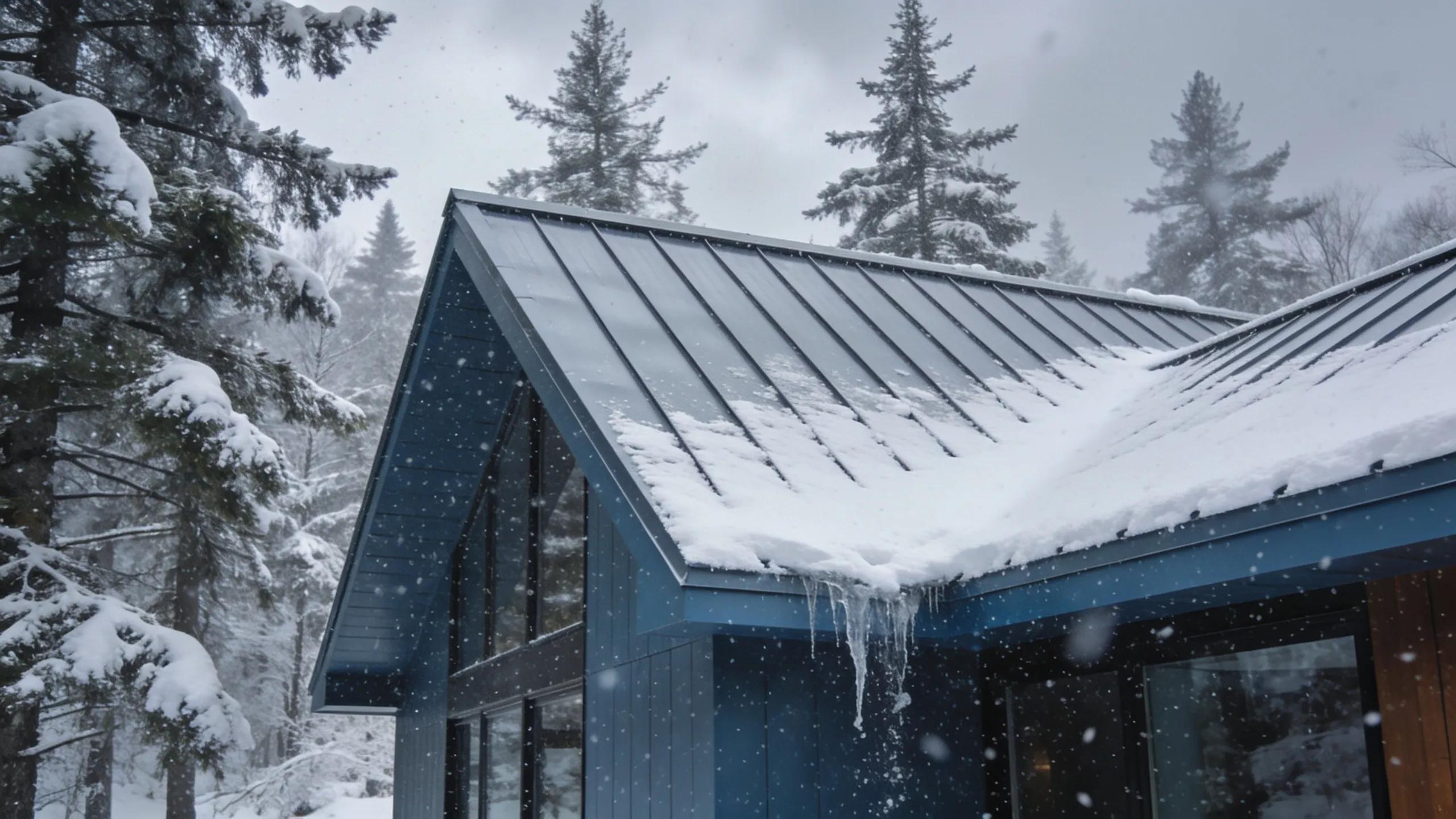 Standing seam metal roofing on a house in a snowy winter landscape, showcasing durability and snow shedding benefits