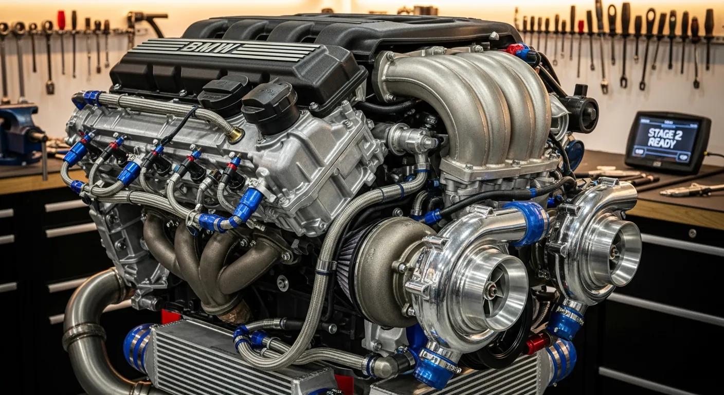 Detailed view of a BMW N54 inline-six twin‑turbo ready for staged performance upgrades